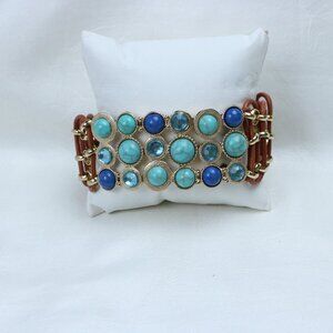 Turquoise & Blue Stone Multi-Strand Bracelet | Gold-Tone & Brown Wrap Style